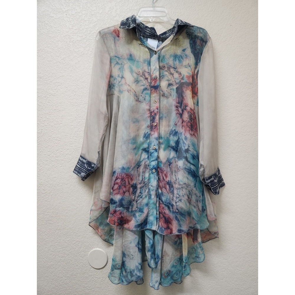 Fleur de Lis Lightweight Women Shirt Collar Asymmetric Peacock Floral Tunic Sz M